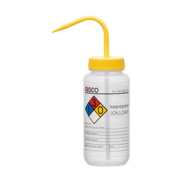 Wash Bottle for Isopropanol, 500ml - Labeled with Color Coded Chemical & Safety Information  - Wide Mouth, Self Venting, Low Density Polyethylene - Eisco Labs