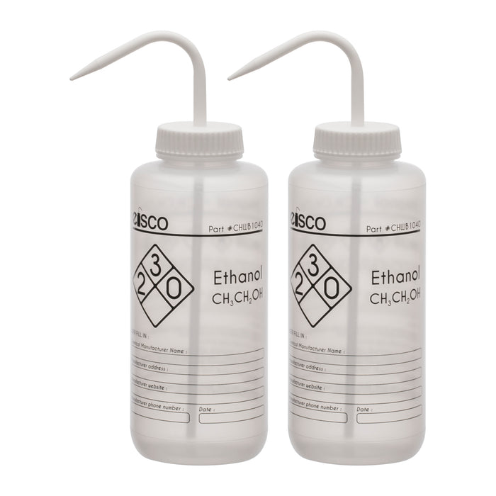 2PK Wash Bottle for Ethanol, 1000ml - Labeled with Chemical Information & Safety Information (1 Color)  - Wide Mouth, Self Venting, Low Density Polyethylene - Eisco Labs