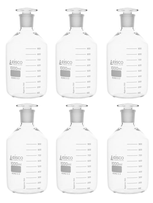 6PK Reagent Bottles, 1000mL - Graduated - Narrow Mouth with Solid Glass Stopper - Borosilicate Glass