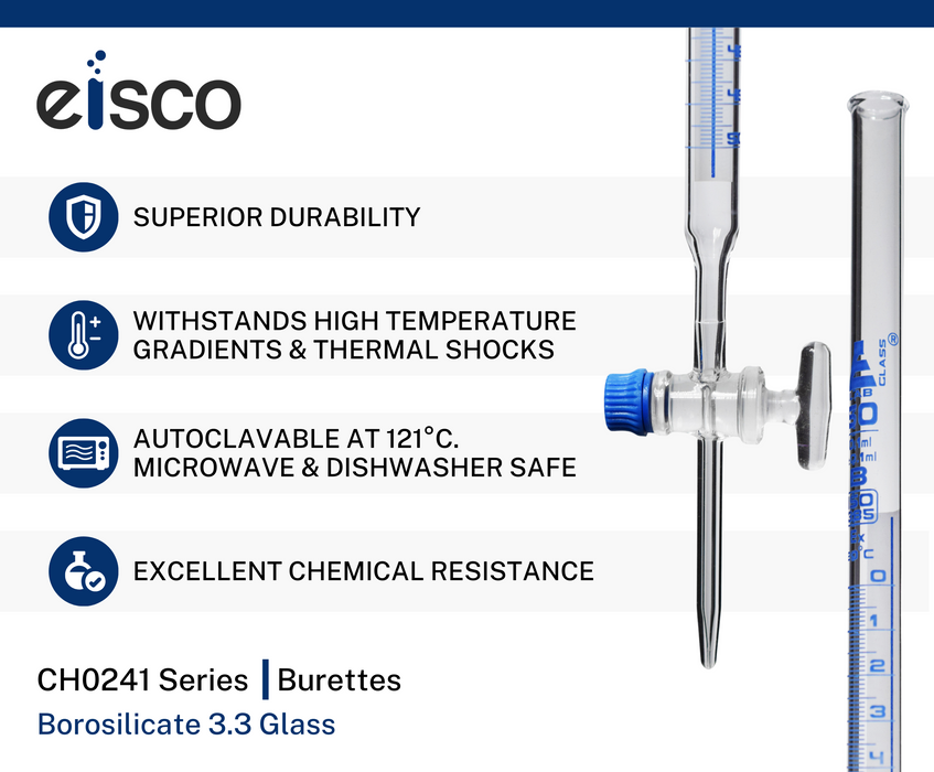 Schellbach Burette, 50mL - Class B - Glass Stopcock - Blue Graduations - Borosilicate Glass