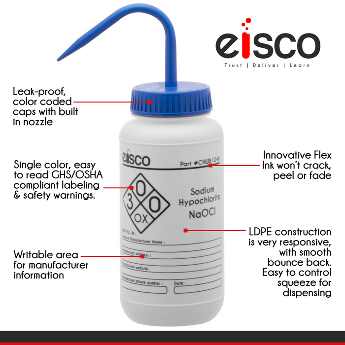 6PK Wash Bottle for Sodium Hypochlorite (Bleach), 500ml - Labeled with Chemical Information & Safety Information (1 Color)  - Wide Mouth, Self Venting, Low Density Polyethylene - Eisco Labs