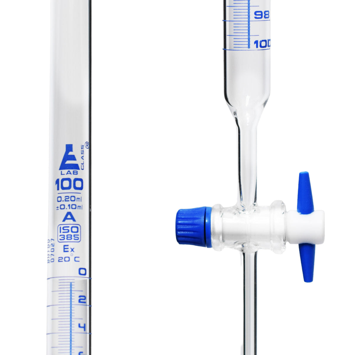 Schellbach Burette, 100mL - Class A - PTFE Stopcock - Blue Graduations -  Borosilicate Glass