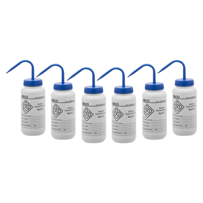 6PK Wash Bottle for Sodium Hypochlorite (Bleach), 500ml - Labeled with Chemical Information & Safety Information (1 Color)  - Wide Mouth, Self Venting, Low Density Polyethylene - Eisco Labs