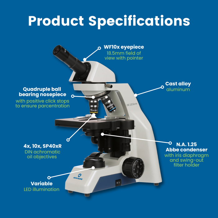 Microscope EXC-121 - Monocular Head, 40-1000X Magnification, Achromat Objectives, Mechanical Stage, Iris Diaphragm