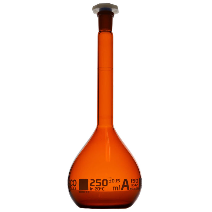 Eisco Amber Volumetric Flask, 250mL - Class A - Borosilicate Glass, Polyethylene Stopper, 14/23 Socket - QR Code Marking for Calibration Certificate