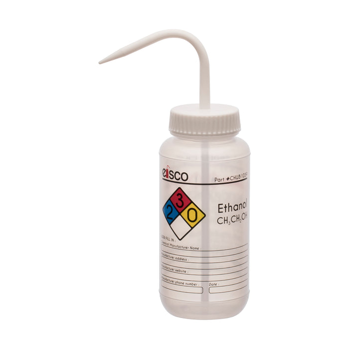 Wash Bottle for Ethanol - Labeled with Color Coded Chemical & Safety Information - Wide Mouth, Self Venting, Low Density Polyethylene - Performance Plastics by Eisco Labs