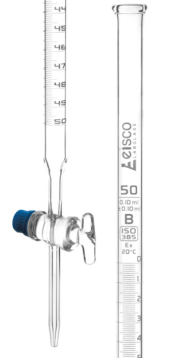 Burette, 50mL - Class B - Glass Key Stopcock - 0.10mL White Graduations - Borosilicate Glass