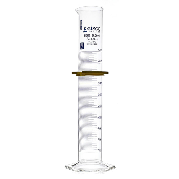 Eisco Labs - Graduated Cylinder, 500mL - ASTM, Class A - Tolerance ±2.00mL - Protective Collar, Hexagonal Base - Blue Graduations - with Individual Work Certificate - Borosilicate 3.3 Glass