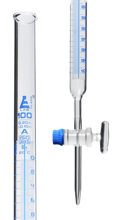 Schellbach Burette, 100mL - Class A - Glass Stopcock - Blue Graduations - Borosilicate Glass