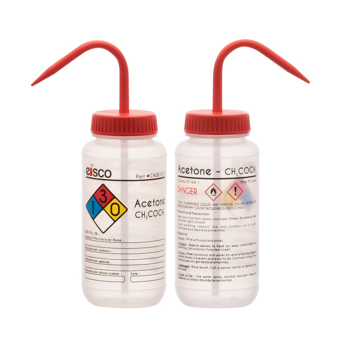 Wash Bottle for Acetone, 500ml - Labeled with Color Coded Chemical & Safety Information (4 Colors) - Wide Mouth, Self Venting, Low Density Polyethylene - Eisco Labs