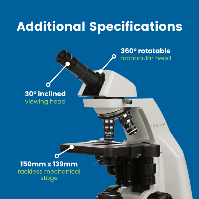 Microscope EXC-121 - Monocular Head, 40-1000X Magnification, Achromat Objectives, Mechanical Stage, Iris Diaphragm