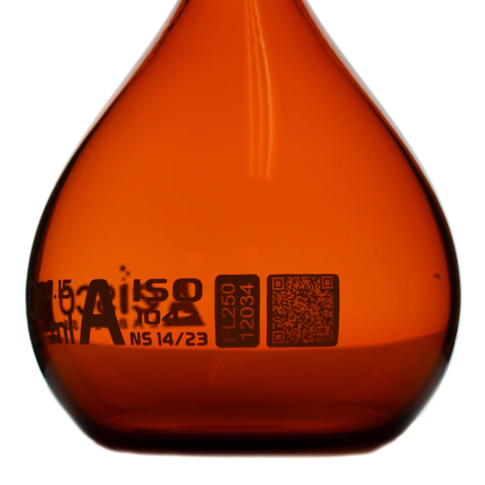 Eisco Amber Volumetric Flask, 250mL - Class A - Borosilicate Glass, Polyethylene Stopper, 14/23 Socket - QR Code Marking for Calibration Certificate