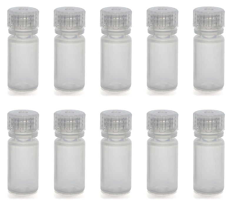 Pack of 10 - 4mL Rigid Plastic Reagent Bottle with Narrow Mouth (0.33" ID) and Screw Cap - Polypropylene - Eisco Labs