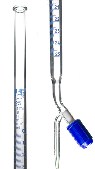 Class B 25mL Borosilicate Burette - 0.1mL Graduations - 0.1mL Tolerance - PTFE (No Lube)  Stopcock - 22.5" Tall