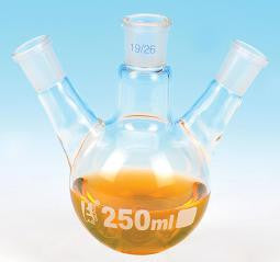 Flask Distilling round bottom, cap. 2000ml, borosilicate glass, three neck at angle, center socket 24/29, side socket 19/26