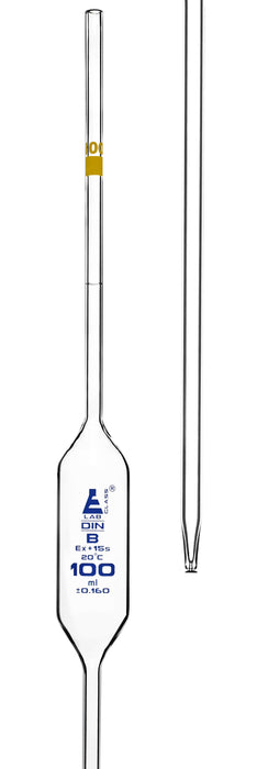 Volumetric Pipette, 100mL - Class B - Yellow Coded - Blue Graduation - Borosilicate Glass