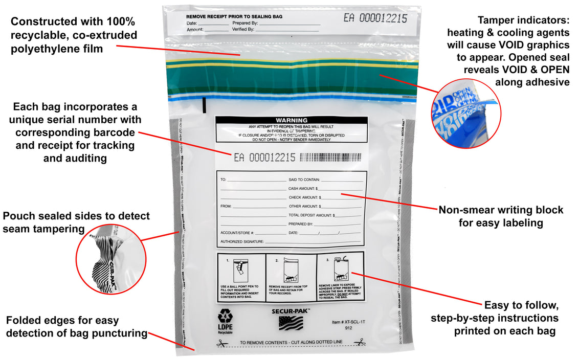 Secur-Pak Deposit Bags with Pocket - Pack of 100 - Premium, Level 4 Security Tamper Evident, Clear Security Bags - Self Sealing, Transparent 2.5 Mil Plastic - 9" x 12" - SECUR-PAK