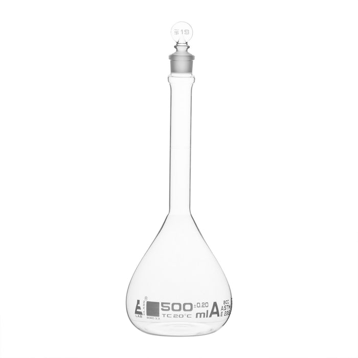 Volumetric Flask, 500ml - Class A, ASTM - Tolerance ±0.200 ml - Glass Stopper - Single, White Graduation