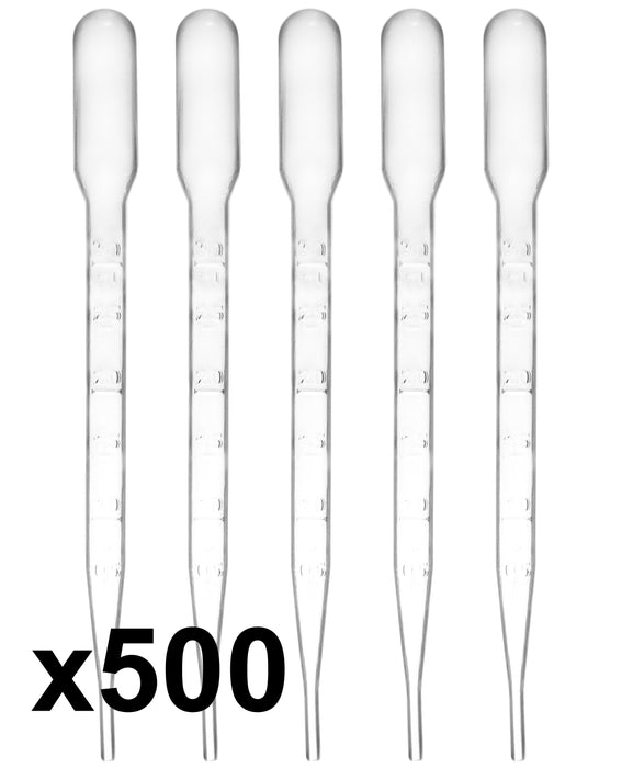 Plastic Pipettes, Pack of 500 - 5.0ml Capacity -0.5ml Raised Graduations - Large Bulb - Low Density Polyethylene - Eisco Labs