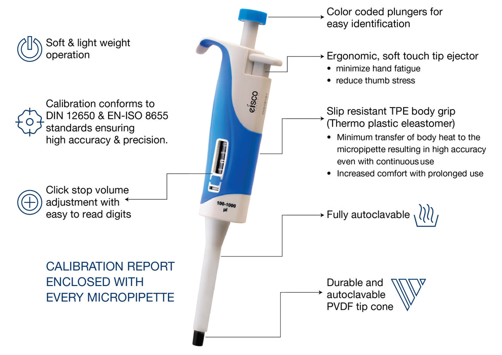 Variable Volume Micropipette, 500-10,000uL Range - 100uL Increments - Autoclavable