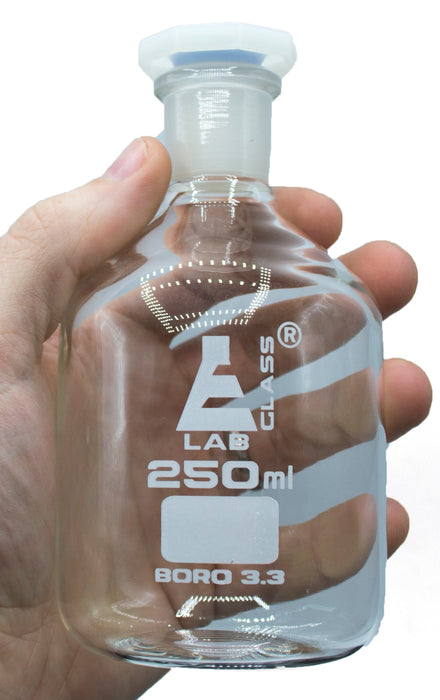 Reagent Bottle, 250mL - Clear - With Acid-Proof Polypropylene Stopper - Borosilicate Glass