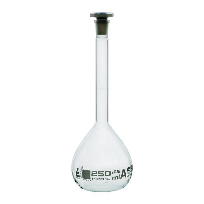 Volumetric Flask, 250ml - Class A - 14/23 Polyethylene Stopper, Borosilicate Glass - White Graduation, Tolerance ±0.150