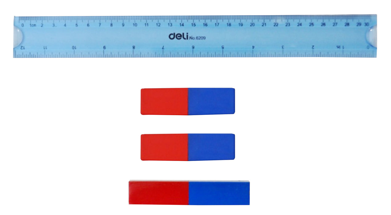 4pc Magnet Experiment Set - (1) Alnico Bar Magnet, (2) Magnets in Plastic Cases, Ruler - Eisco Labs