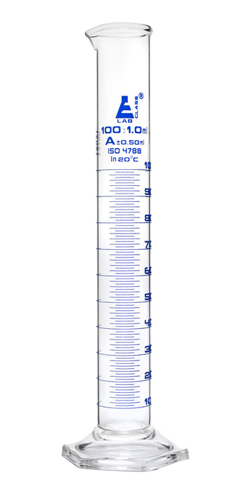 Graduated Cylinder, 100ml - Class A - Blue Graduations - Hexagonal Base