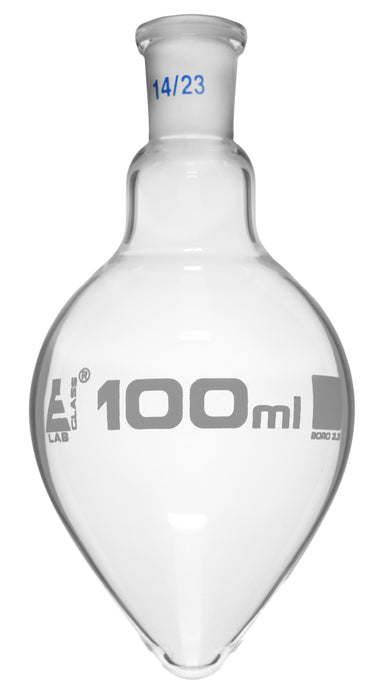 Boiling Flask with Joint, 100ml - Socket Size 14/23 - Pear Shape, Short Neck - Interchangeable Joint - Borosilicate Glass - Eisco Labs