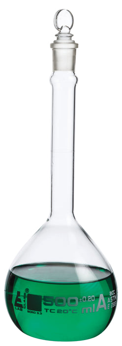 Volumetric Flask, 500ml - Class A, ASTM - Tolerance ±0.200 ml - Glass Stopper - Single, White Graduation