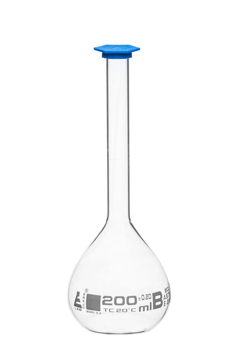 Volumetric Flask, 200ml - Class B, ASTM - Blue Snap Cap