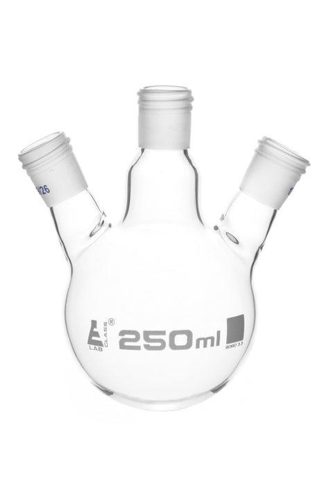 Distillation Flask with 3 Necks, 250ml Capacity, 19/26 Joint Size, Interchangeable Screw Thread Joints, Borosilicate Glass - Eisco Labs