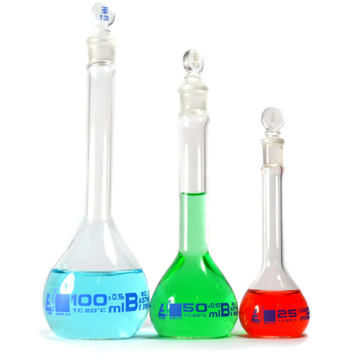 ASTM Volumetric Flask Set -Class B- Eisco Labs -Borosilicate Glass- 25ml, 50ml, 100ml