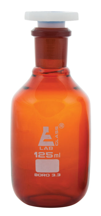 Reagent Bottle, 125mL - Amber - With Acid-Proof Polypropylene Stopper - Borosilicate Glass