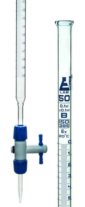 Burette, 25mL - Class A - With Modular, PTFE Stopcock - Blue Graduations - Borosilicate Glass