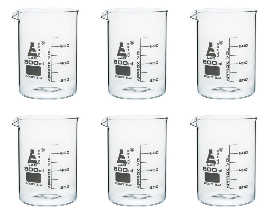 6PK Beakers, 800ml - Low Form - Graduated - Borosilicate Glass