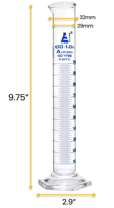 Graduated Cylinder, 100ml - Class A - Blue Graduations - Hexagonal Base