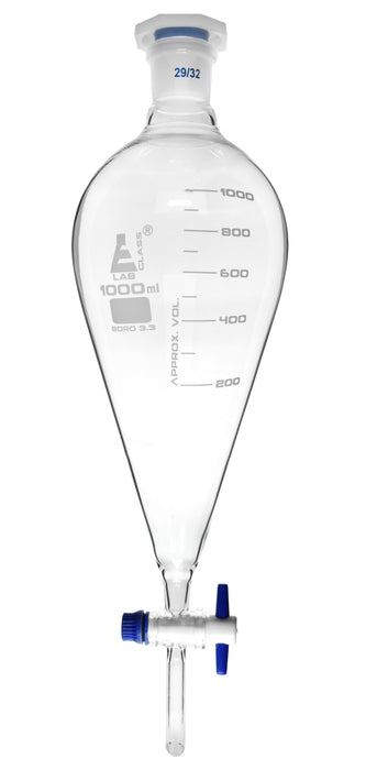 Dropping Funnel, 1000mL - Squibb, Graduated - With 29/32 Plastic Stopper & PTFE Key Stopcock - Borosilicate Glass