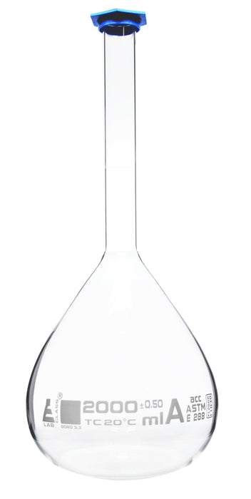 Volumetric Flask, 2000mL - ASTM, Class A - Snap Cap - Borosilicate Glass