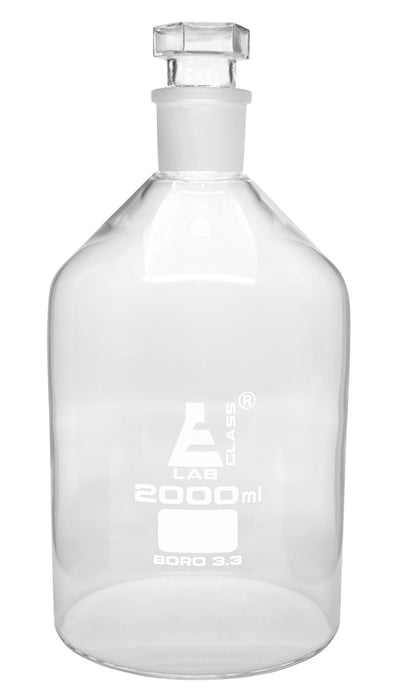 Reagent Bottle, 2000mL - Clear - Narrow Neck - With Interchangeable Hexagonal Glass Stopper - Borosilicate Glass