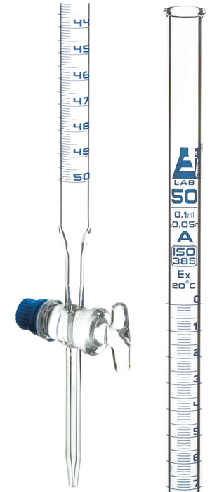 Burette, 50mL - Class A - With Stopcock - Blue Graduations - Borosilicate Glass